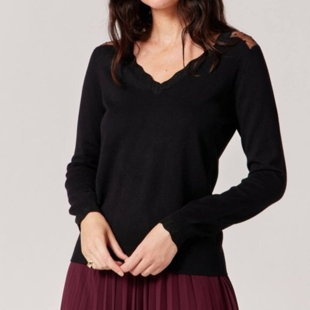 Naf Naf Maki Scalloped Deep V Sheer Swiss Dot Shoulder Viscose Sweater Black XL
